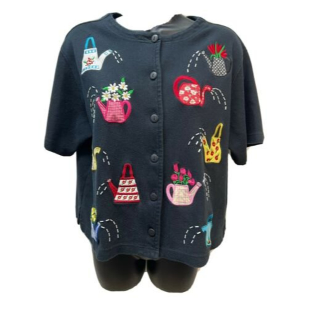 BECHAMEL WOMEN'S SZ PM BUTTON FRONT SHIRT WATER CONTAINERS & FLORAL B026